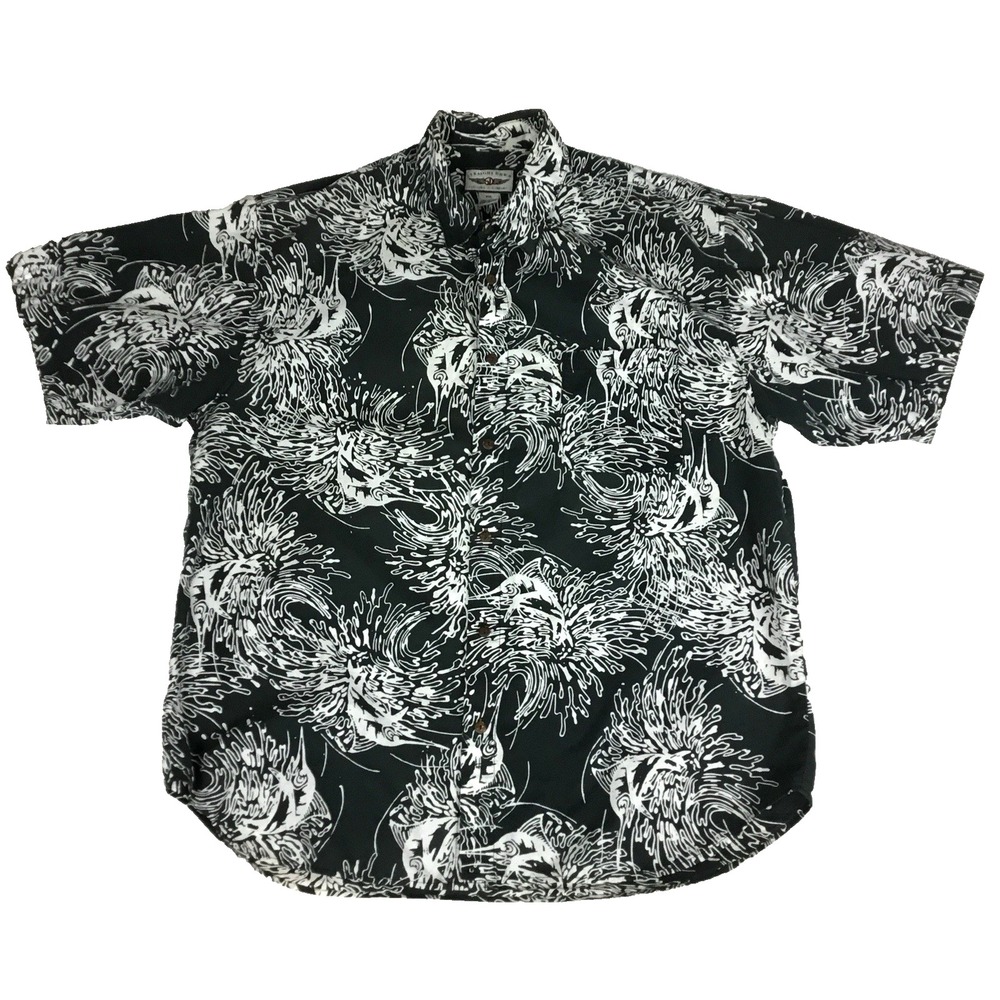 Straight Down Mens XXL Black White Marlin Fish Abstract Hawaiian Shirt Made USA
